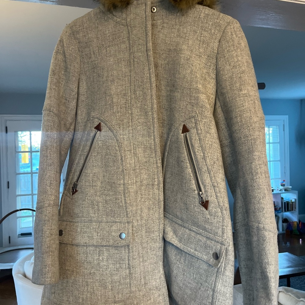 J. Crew Gray Trench Coat with Fur Collar